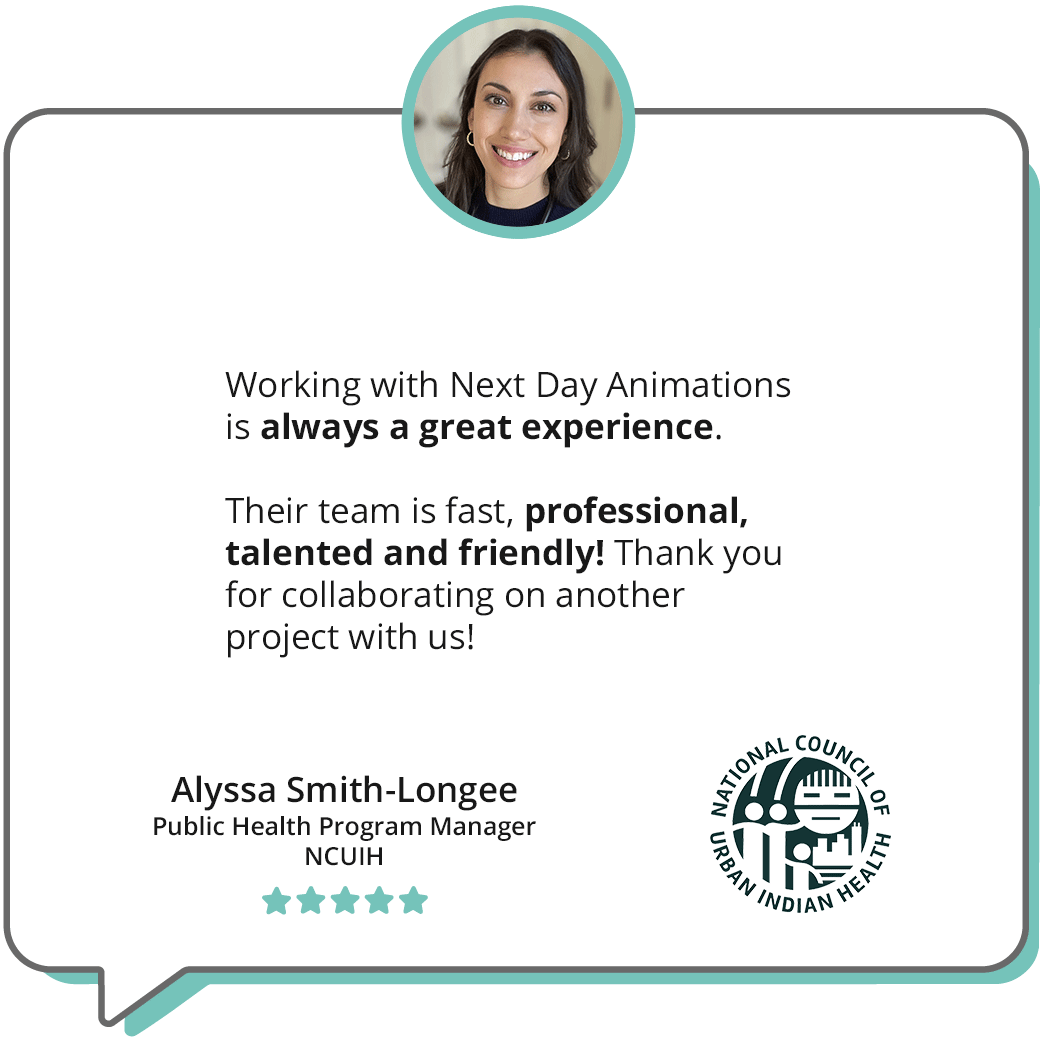 """Working with NDA is always a great experience. Their team is fast, professional, talented and friendly! Thank you for collaborating on another project with us!"" -" Alyssa Smith-Longee Public Health Program Manager NCUIH; features an image of Alyssa Smith-Longee smiling with the NCUIH logo