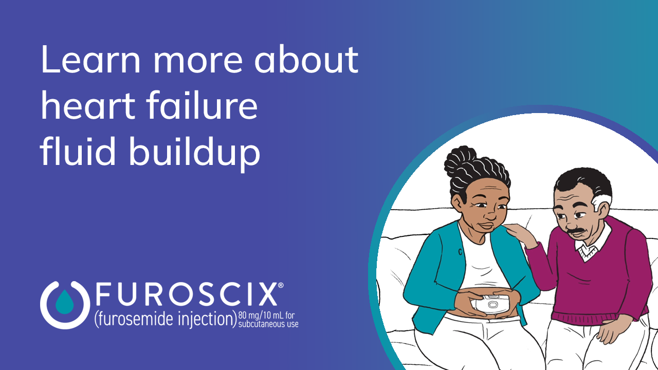 A Youtube Cover image created for ScPharmaceuticals, featuring a still from their video and engaging copy that reads "Learn More about heart failure fluid buildup." with the Furoscix branding.