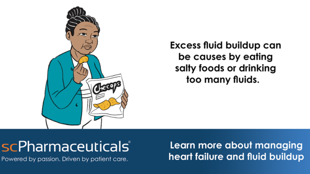 Social media graphic from the ScPharmaceuticals explainer video package. Reads 'excess fluid buildup can be caused by eating salty foods or drinking too many fluids." Features a whiteboard illustration of a person eating chips.