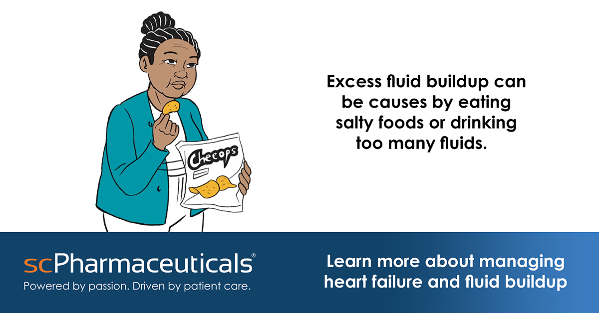 Social media graphic from the ScPharmaceuticals explainer video package. Reads 'excess fluid buildup can be caused by eating salty foods or drinking too many fluids." Features a whiteboard illustration of a person eating chips.