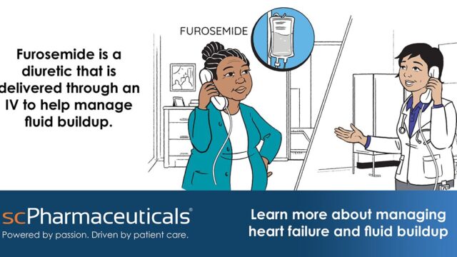 Social media graphic from the ScPharmaceuticals explainer video package. Reads 'Furosemide is a diuretic that is delivered through an IV to help manage fluid buildup." Features a whiteboard illustration of a patient and doctor discussing furosemide.
