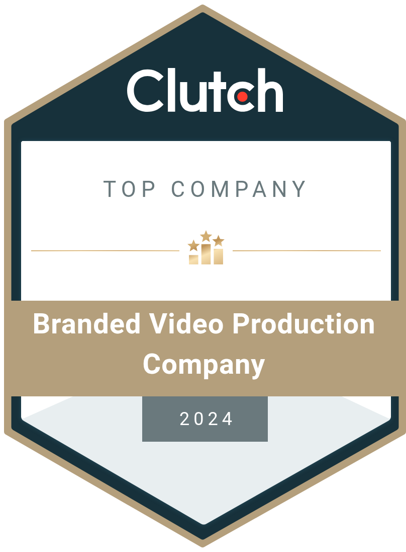 Clutch badge in gold, blue and silver, reads, "Clutch, Next Day Animations Top Company, Branded Video Production Company, 2024"
