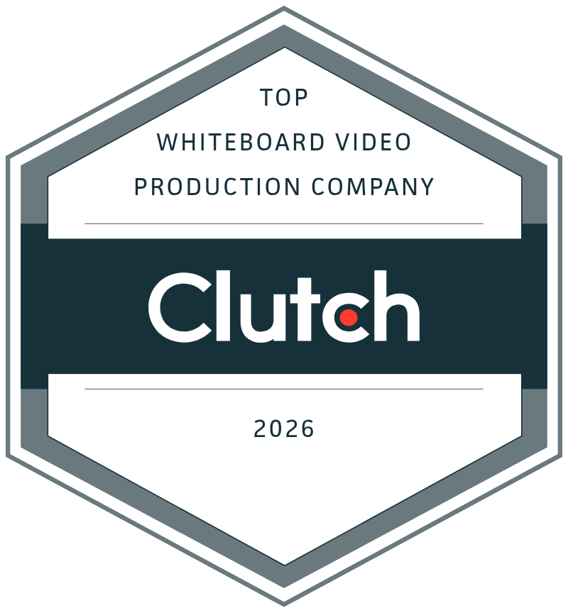 Clutch Badge in silver and dark blue, reads "Next Day Animations Top Whiteboard Video Production Company, Clutch, 2026"