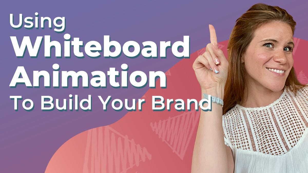 Blog graphic, title reads 'Using Whiteboard Animation to Build Your Brand' in white sans font on a red and purple background comprised of Next Day Animations play buttons. Client Advisor Cassandra poses, pointing at the title.
