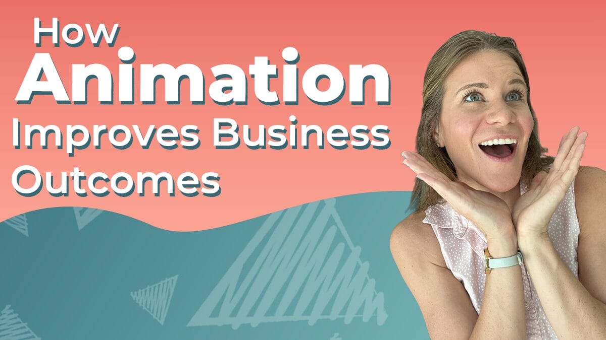 Blog graphic, title reads 'How Animation Improves Business Outcomes' in white sans font on a red and turquoise background comprised of Next Day Animations play buttons. Client Advisor Cassandra poses, smiling in surprise at the title.