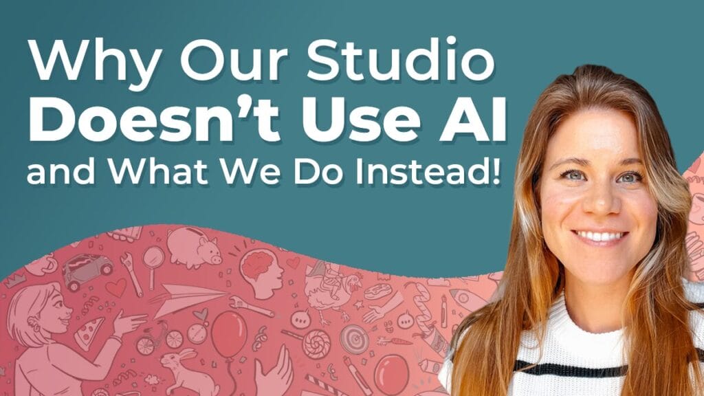 Blog graphic, title reads 'Why Our Studio Doesn't Use AI And What We Do Instead' in white sans font on a red and turquoise background comprised of Next Day Animations hand drawn illustrations and icons. Client Advisor Cassandra poses, smiling.